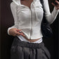 White cropped knit top with hood and zipper