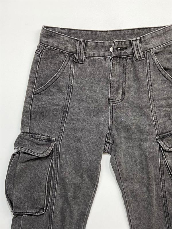 Mid-rise faded gray cargo jeans