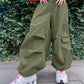 Green oversize parachute cargo pants with drawstring