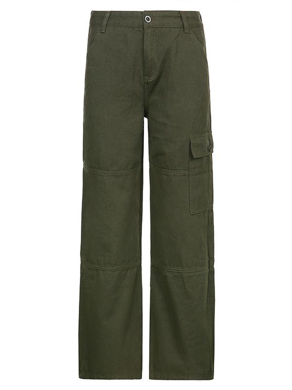 Green straight cargo jeans with patch pockets