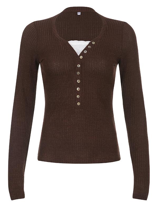 Long-sleeved knitted top with lace pattern and buttons