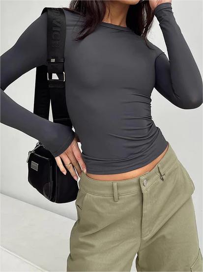 Classic Solid Color Long Sleeve Stretch Basic Crop Top