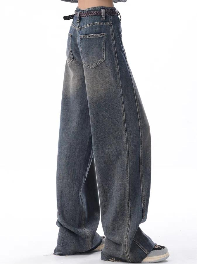 Vintage faded baggy boyfriend jeans with grosgrain detail