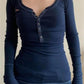 Vintage Navy Blue Ribbed Long Sleeve V-Neck Top