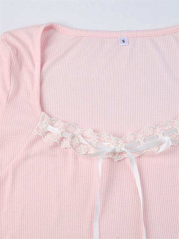 Vintage pink knit top with square neckline and lace insert