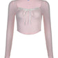 Vintage pink knit top with square neckline and lace insert