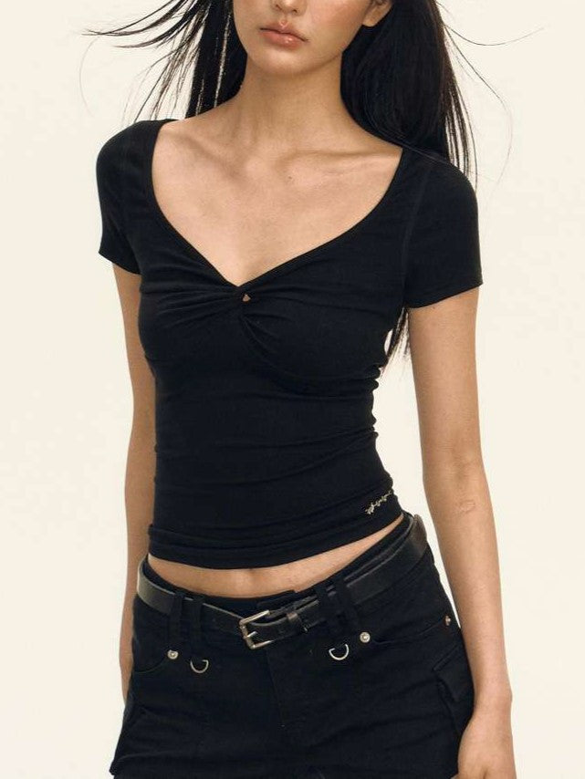 Black crop top with V-neck and short sleeves