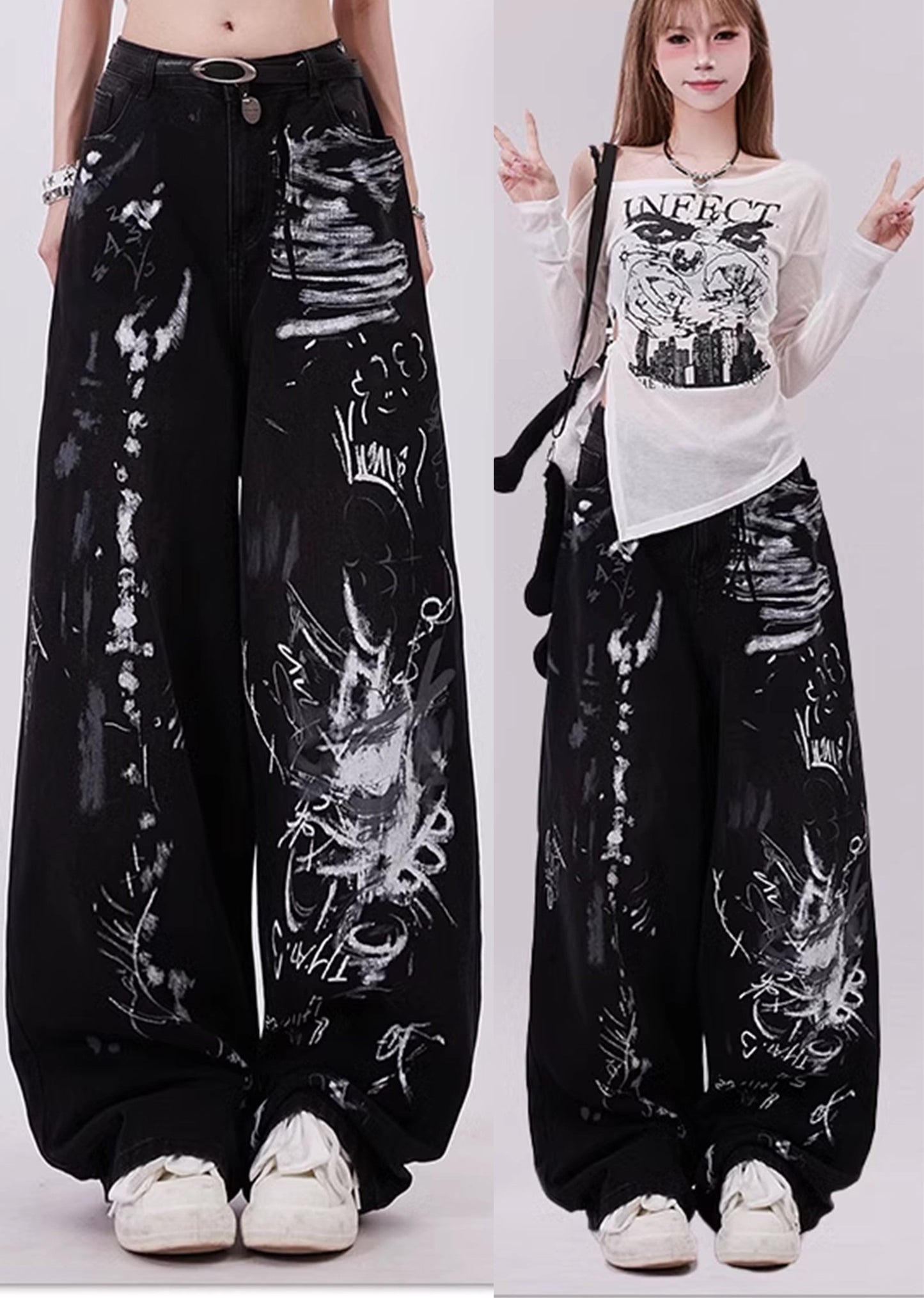 Black grunge graffiti print baggy jeans