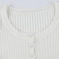 White basic rib knit top with button placket and long sleeves