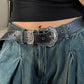 Black vintage buckle belt with engraved crocodile pattern