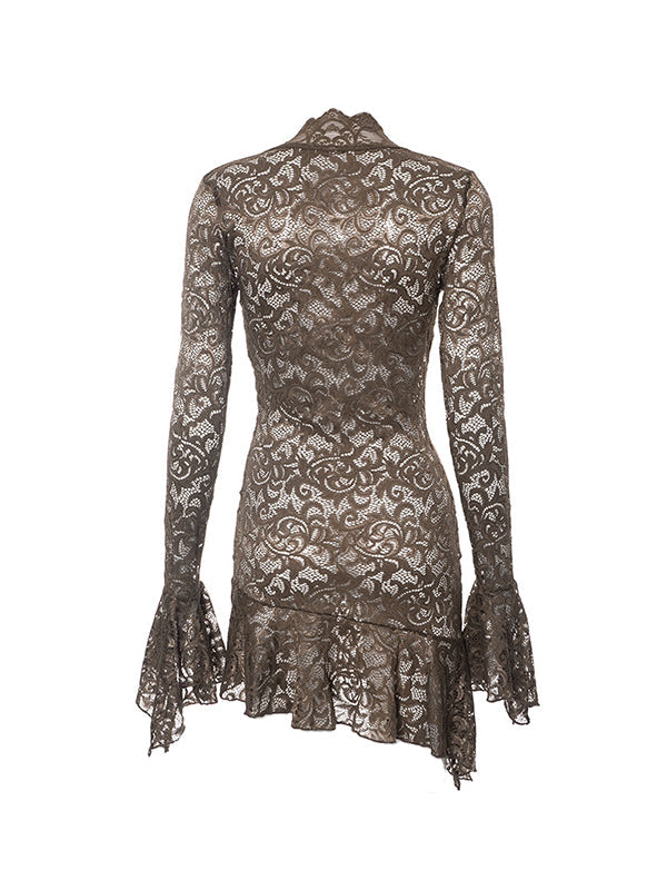 Vintage lace V neck mini dress with trumpet sleeves