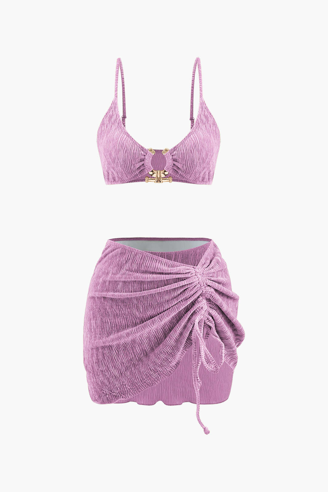 Velvet Texture U-Ring Bikini &amp; Sarong 3 Piece Set