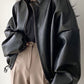 Vintage Black Leather Jacket with Drawstring and Collar Collar