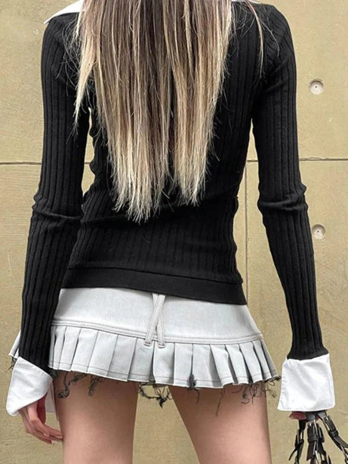 Y2K Turtleneck Mock Two Piece Long Sleeve Knit Top