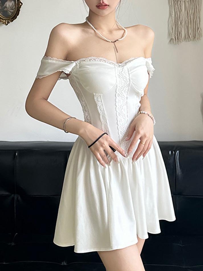 White French A-Line Corset Dress with Lace