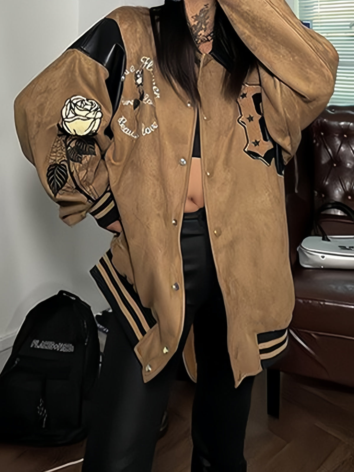 Vintage brown velor leather jacket with embroidery