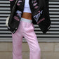 Vintage Black Pink Raglan Moto Jacket with Printed Slogan