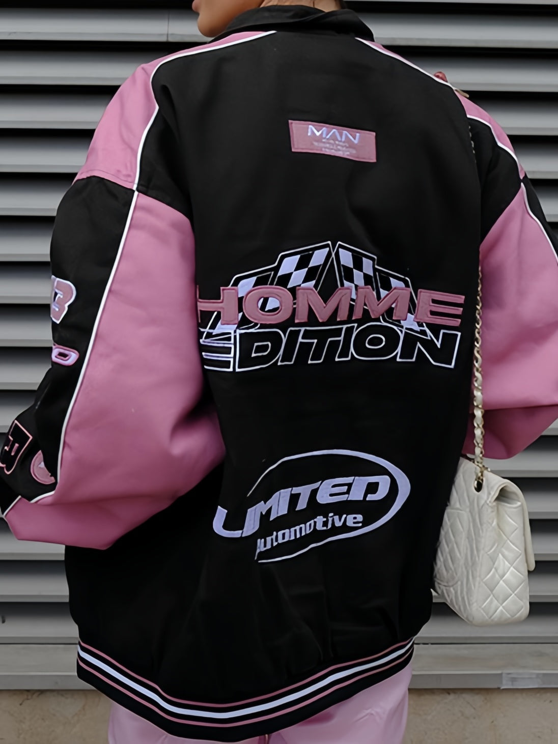 Vintage Black Pink Raglan Moto Jacket with Printed Slogan