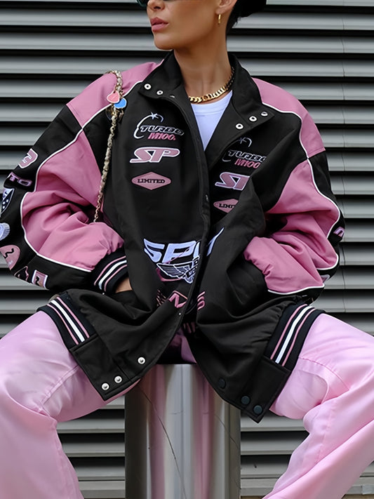 Vintage Black Pink Raglan Moto Jacket with Printed Slogan