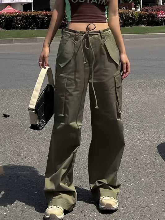 Hip hop cargo pants with multiple pockets and drawstring