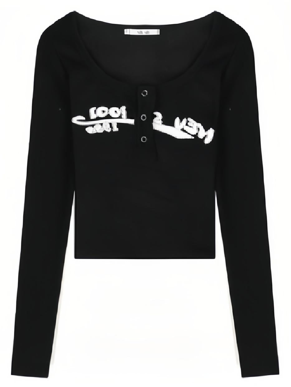 Y2K Black Long Sleeve Rib Crop Top with Letter Print