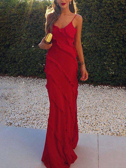 Red Vintage Halter Backless Slit Ruffle Maxi Dress