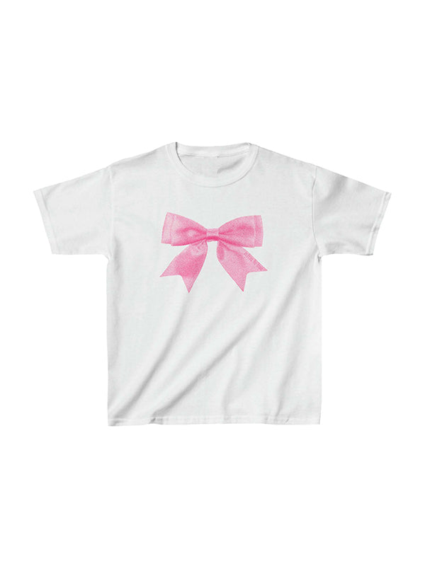 White Y2K Bow Print Short Sleeve T-Shirt 