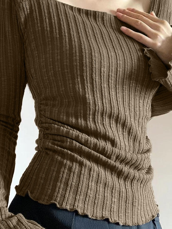 Coffee Vintage Knit Top with Square Neck and Slim Sleeves