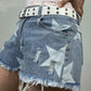 Blue Y2K Star Print Ripped Low Rise Denim Shorts