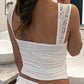 White Vintage Lace Inserts Ruched Tank Top with Backless Design