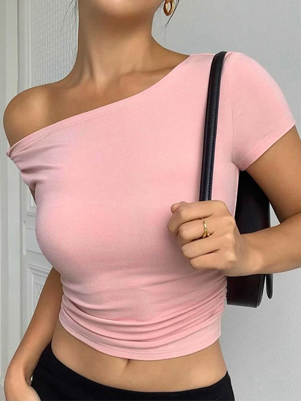 Pink Vintage One Shoulder Short Sleeve Crop Top