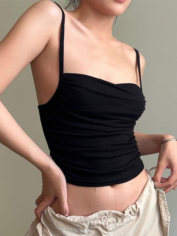 Black Vintage Pleated Backless Slim Camisole