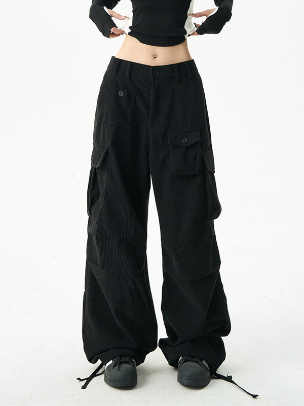 Black vintage corduroy cargo pants with multiple pockets