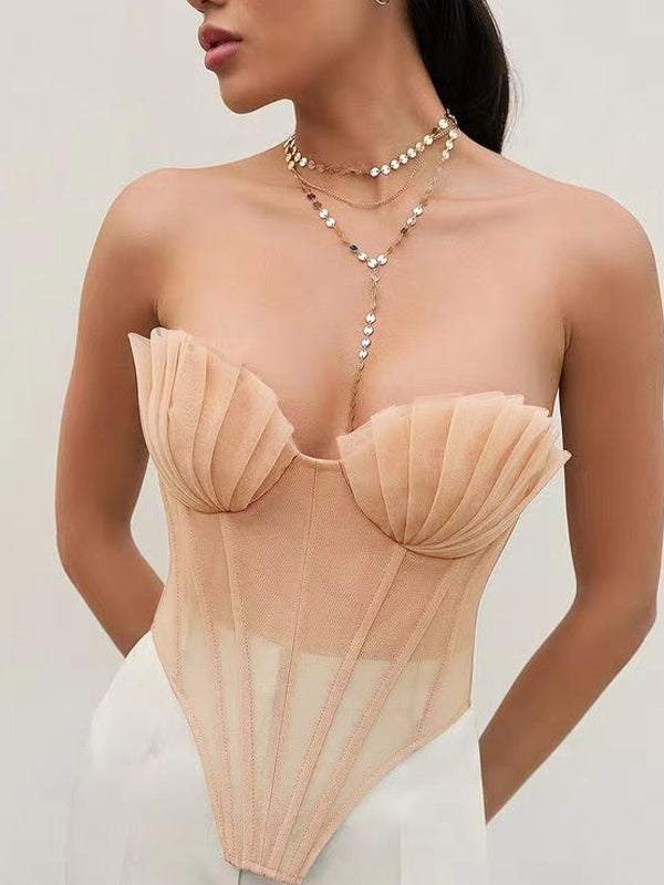 Apricot Sexy Pleated Shell Mesh Corset Top