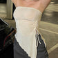 Beige Vintage Asymmetric Ruffle Trim Drawstring Tube Top