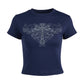 Dark Blue Punk Cross Rhinestone Print Cropped Short Sleeve T-Shirt