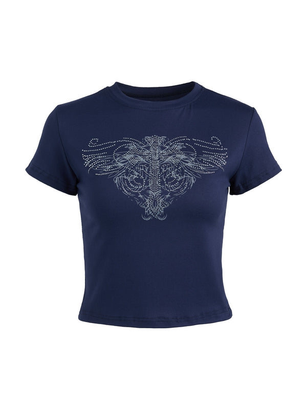 Dark Blue Punk Cross Rhinestone Print Cropped Short Sleeve T-Shirt