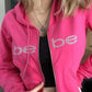 2000s Barbie Pink Hoodie with Letter Rhinestone Print and Zipper in Oversized Style