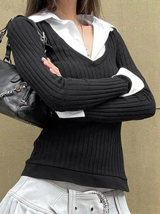 Y2K Turtleneck Mock Two Piece Long Sleeve Knit Top