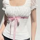 White Y2K Bow Lace Patchwork Bubble Sleeve Top