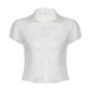 White Vintage Slim Waist V Neck Short Sleeve Shirt