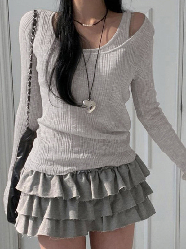 Grey Vintage Rib Two Piece Long Sleeve Knit Top