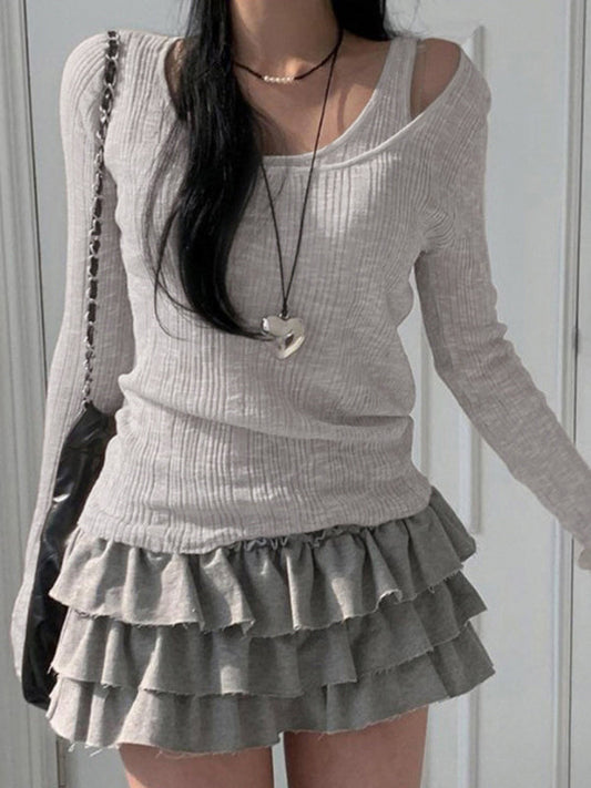 Grey Vintage Rib Two Piece Long Sleeve Knit Top