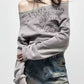 Graues Vintage Off Shoulder Sweatshirt mit Letter Print