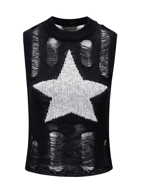 Black Y2K Knitted Hollow Star Tank Top 