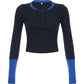 90s Blue Color Block Long Sleeve T-Shirt with Stitching