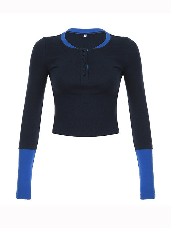 90s Blue Color Block Long Sleeve T-Shirt with Stitching