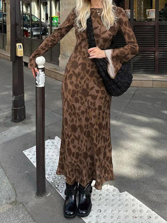 Brown Classic Print Maxi Dress with Trumpet Sleeves