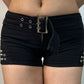 Black punk low rise denim shorts with belt and rivets