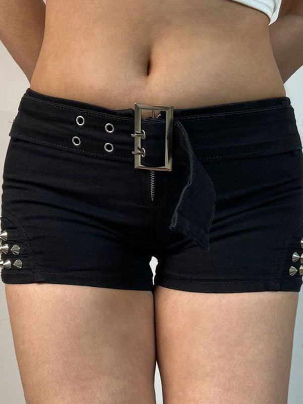 Black punk low rise denim shorts with belt and rivets